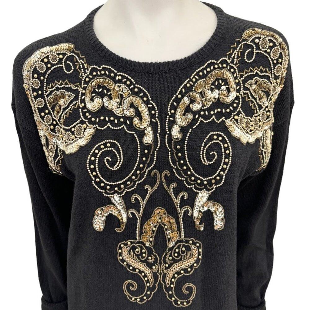 VTG 90s BONNIE EVANS Gold Sequins Beaded Fancy Tunic Sweater in Black SZ L